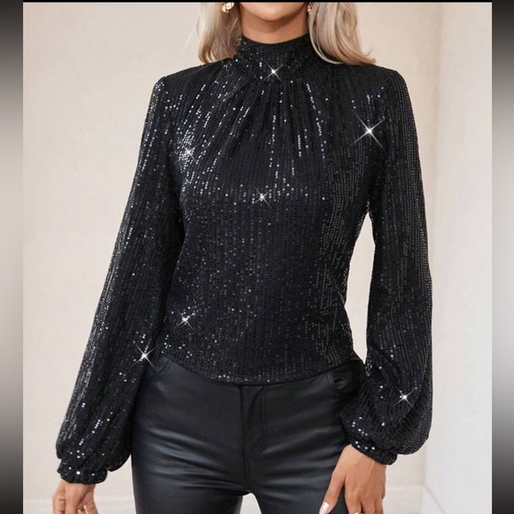 Luxe Sequin Drape Cowl Neck Open Back Backless Party Top Blouse Shirt Blackj - Picture 4 of 4